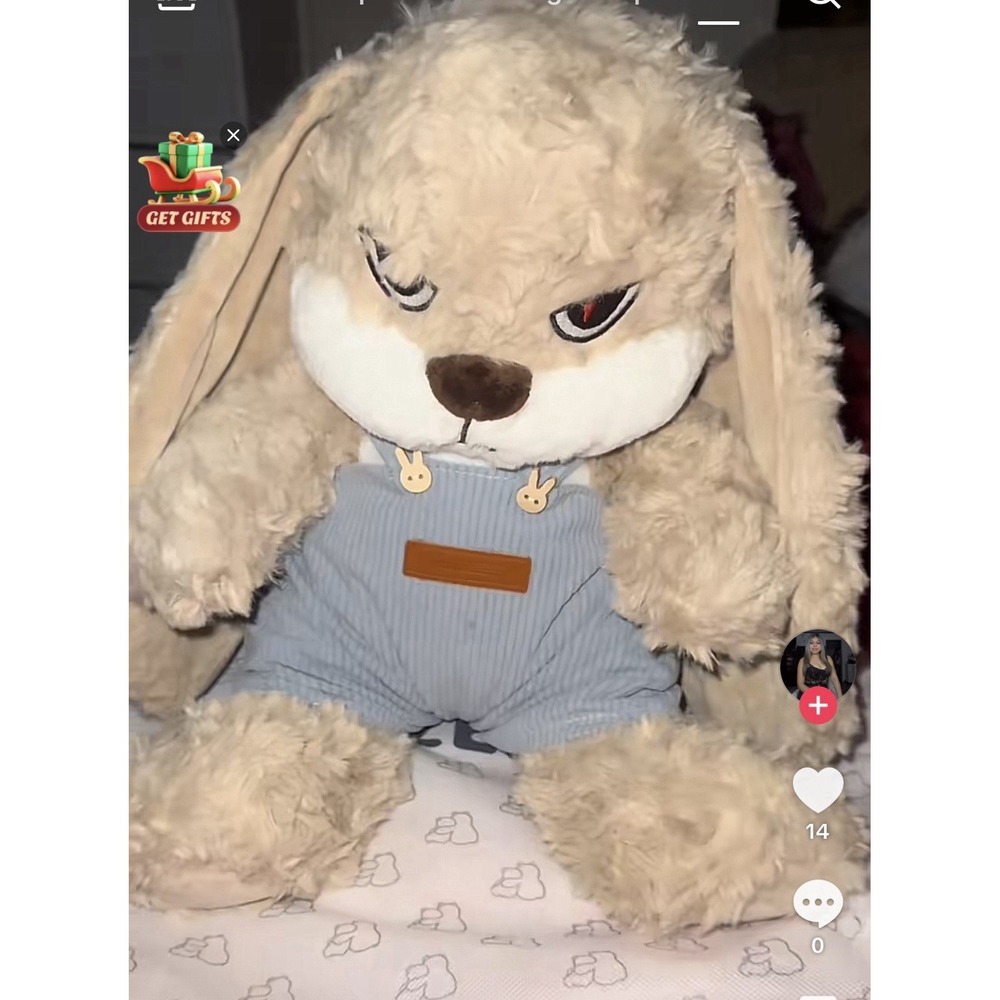 ZEIO Grumpy Bunny Stuffed Animal, 11.4" Plush Rabbit Overalls Floppy Ears